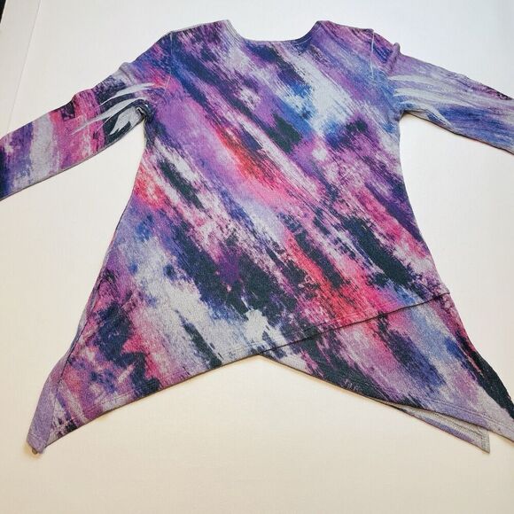 Jess & Jane Crepe Sweater Womens S Purple Blue Abstract Lightweight Asymmetrical - Picture 2 of 6